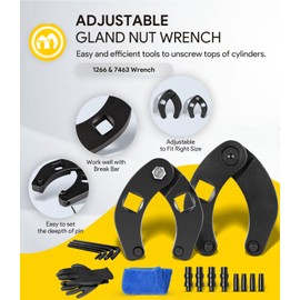 Gland Nut Wrench - Set of 2 Hydraulic Cylinder Spanner Wrench Adjustable - Spanner Wrench Set Includes Gloves, Microfiber Towel, Pins & Allen Wrenches, Suitable for Farm & Construction Equipment