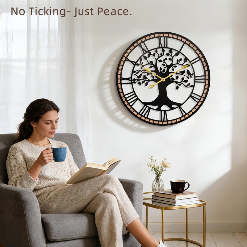 JXQXYN Large Wall Clock,14“ Tree of Life Metal & Wood