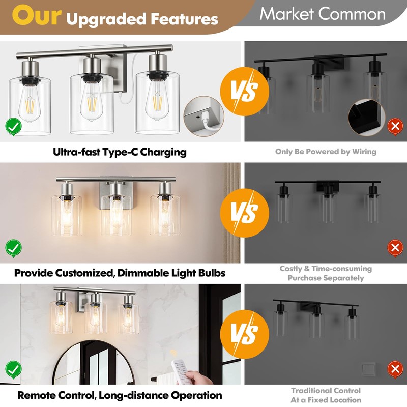 Battery Operated Wall Sconce, 3-Light Dimmable Rechargeable Vanity Light Fixture