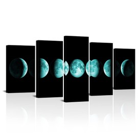 Conipit 5 pieces Blue Moon Phases Canvas Wall Art Abstract Space Black Pictures for Home Living Room Bedroom Office Decor Stretched and Framed Ready to Hang
