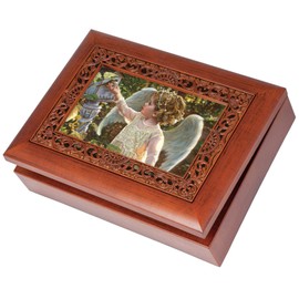 Cottage Garden Young Girl Angel in Garden Woodgrain Inlay Jewelry Music Box Plays Amazing Grace