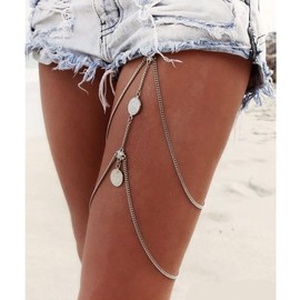 TseenYi Boho Elastic Thigh Leg Chain Layered Thigh Chain Tassel Disc Leg Chains Summer Beach Jewellery for Women and Girls (Silver, 1 Piece)