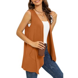 Wiwclo Trendy Sleeveless Cardigans for Women Lightweight Vest with Pockets Casual Soft Knit Open Front Cardigan High Low Hem, c08-brown-sleeveless, S