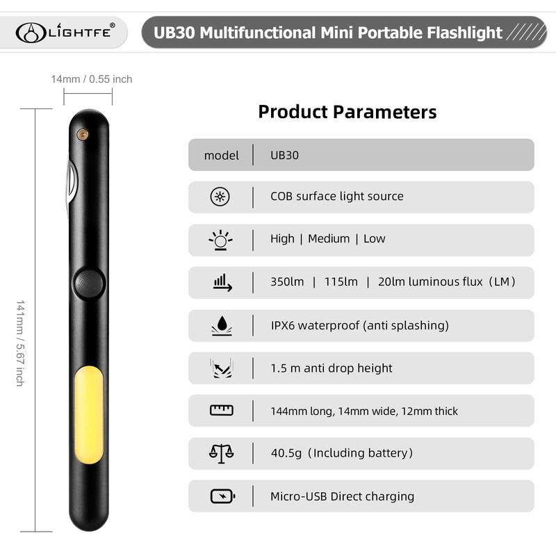 LIGHTFE Flashlight Pen Light UB30 4-in-1 Multi-Functional Dual-Head Rechargeable Aluminum