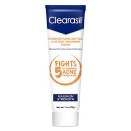 Clearasil Stubborn Acne Control 5 in 1 Spot Treatment Cream, Maximum Strength, Benzoyl Peroxide Acne Medication, Fights Blocked Pores, Pimple Size, Excess Oil, Acne Marks & Blackheads, 1 oz.