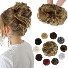 Soulwigger Messy Bun Hair Piece Wavy Curly Scrunchies Fluffy Donut Thick Updo Elegant Chignon Hairpieces for Women Girls, Ash Blonde Mix Ginger Brown 1.4oz