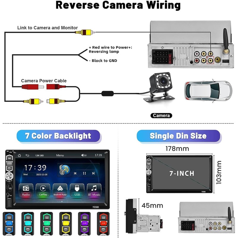 Hikity Car Stereo Single Din Wireless CarPlay Android Auto, 7