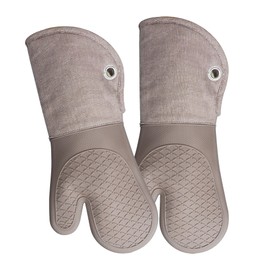 Professional Microwave Silicone Oven Mitts one Pair, Kitchen Mitten Set for Heat Resistant with 500 Degrees, Kitchen Gloves Pot Holder for BBQ Cooking Baking (Khaki)