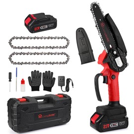 LivingSURE Mini Cordless Rechargeable Chainsaw Kit – 21V Handheld Electric Saw with 2 Batteries, Safety Features & Accessories – Lightweight 6" Bar for Tree Trimming, Firewood & Garden DIY Tasks