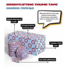 Mammal Strength Thumb Tape (3-Pack) 7m/ 23ft Rolls | Hook Grip Tape for Weightlifting & Olympic Lifting - 2.0 & 3.0 Super Sticky Spec - Plastic-Free & Breathable (2.0 Blue/Red, 7-Metre)