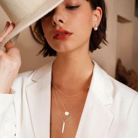 Layered Necklaces for Women, 925 Sterling Silver Chain Necklace Dainty Coin Bar Pendant Necklaces for Women Trendy Stackable Coin Strip Choker Necklace Jewelry Gifts