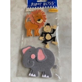 PAPER BLISS STICKERS 3D FLOCKED ZOO ANIMALS ‘AT THE ZOO’ LION MONKEY ELEPHANT 3P