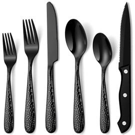 Hammered Black Silverware Set, EUIRIO 48-Piece Flatware Set for 8, Heavy Duty Stainless Steel Cutlery Set, Food-Grade Utensil Sets Includes Spoons Forks and Knives, Mirror Finish Dishwasher Safe