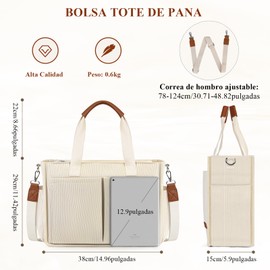 Tote Bag Mujer Bolsa Tote Gran Capacidad con Multibolsillo Bolsa Tote Mujer de Pana con Cremallera Bolsa de Mano con Correa de Hombro Desmontable Ajustable Bolsa Crossbody para Viaje Trabajo Compras