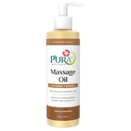 PURA 1ST Professional Coconut Therapy Massage Oil, Coconut Oil, Unscented, Hypoallergenic, Non-Greasy, Natural, Skin Moisturizing, Deep Tissue, Skin Hydrating, Wellness, Physical Therapy, 8oz Bottle