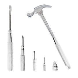 Small Hammer 6 in 1 Metal Hammer & Screwdriver, Multitool Camping Hammer Set with Slotted/Flat Head Phillips Screwdriver Hammers Tools Mini Hammer Best Gift for Dad Grandfather Husband Son(Silver)