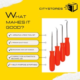 Citystores® 4 Piece Hook and Pick Tool Set – Precision Automotive, Mechanic & DIY Tools for Seal, Gasket, & O-Ring Removal