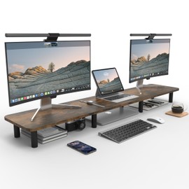 WEGASTU Dual Monitor Stand - 43.7 inch Extra Long Wide TV Stand - Wood & Steel Leg Desktop Riser - Desk Organization - Home Office (Vintage)