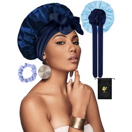SUTIYO Satin Bonnet for Sleeping, Double Layer Silk Bonnet for Curly & Long Hair, Adjustable Hair Bonnet for Women Girls, Bonnets with Hair Band & Storage Bag (Navy Blue/Sky Blue)