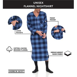 Andrew Scott Men's 2 Pack Lightweight Cotton Flannel Sleep Shirt, Long Henley Nightshirt Pajamas (2 Pack- Red Shadow/Ivory-Blue Plaids, Large)