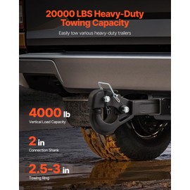 VEVOR Pintle Hook, 20000 lbs Towing Capacity, Pintle Hitch Receiver for 2-inch Hitch Hook Military Receiver, Fits 2.5 to 3-inch Lunette Ring, 15.6-inch Length, Black Powder Coat, for Various Trailers