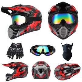 TTMiku Youth Kids Dirt Bike Helmet Motocross ATV Dirtbike BMX MX Go-Kart 4-Wheeler Quad Offroad Motorcycle Helmet Goggles Gloves Mask DOT Certified, Red Camo, M