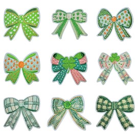 9 Pcs St. Patrick's Day Patches, Green Bow Patches, Irish Clover Lucky Shamrock Sew Iron on Embroidered Applique, DIY Craft Gifts for Kids, Bow Iron on Patches for Clothes, Hats, Jeans, T-Shirts
