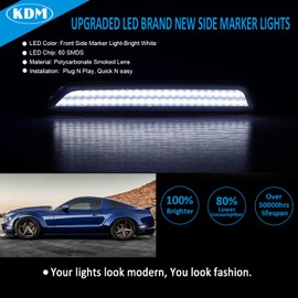 KDM LED Smoked Lens Fender Side Marker Reflectors Lights Dual Rows Bright White, Compatible for 2010-2014 Ford Mustang Assembly Front & Rear Side Bumper Marker Lights，Pack of 4