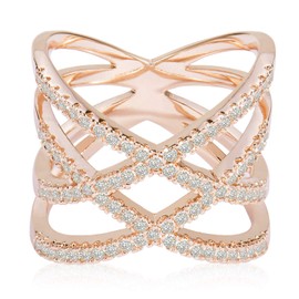 LEMON GRASS Rose Gold Double Criss Cross Ring CZ Pave Crossover Fashion Band Size 6 7 8 9, Zirconia,Copper,Gold Plated,Gold,Rose, Cubic Zirconia