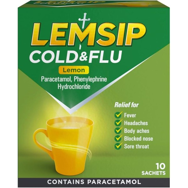 Lemsip Cold & Flu Lemon Sachets – Paracetamol for Headache,