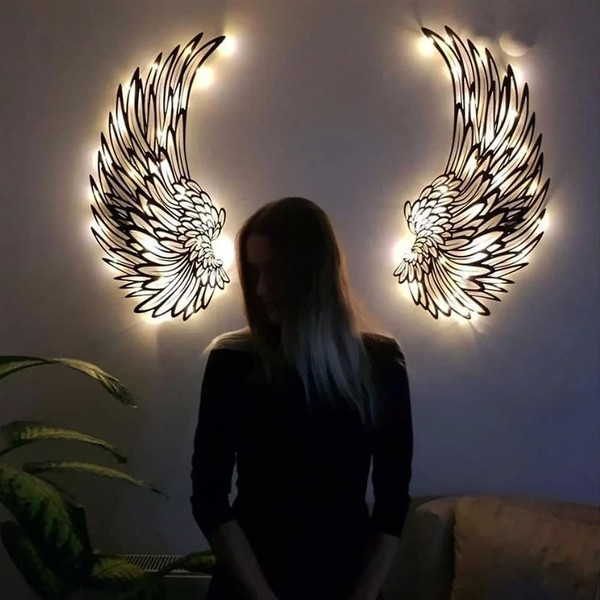DAJILI Angel Wings Wall Art, Metal Wall Art Angel Wings with Lights, Light up Angel Wings for Wall for Home/Bedroom/Living Room/Office/Studio/Bar, 30x15cm/12x6inch