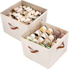 Vexalora Shoe Organizer for Closet, 2 Pack Shoe Storage Bins with Clear Cover, Adjustable Dividers Fits 16-32 Pairs Shoe Boxes, Organizador de Zapatos, Beige