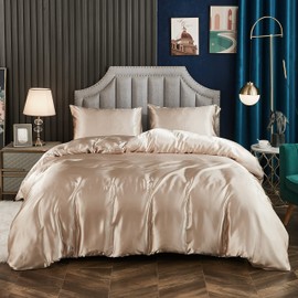 GraceVally Duvet Cover, 3-Piece Set, Single, Stylish Bedding Set, Cool Touch, Smooth, Duvet Cover, Box Sheet, Glossy Silk, Solid Color, Breathable and Moisture-Wicking, Gold Pink
