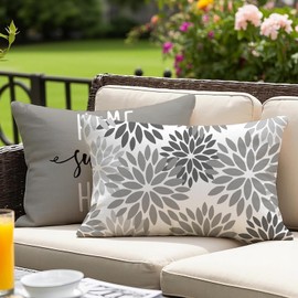 Vorysum Outdoor Cushion 30 x 50 cm, Set of 2, Grey Modern Cushion Covers, Dahlia Cushion Cover, Flowers, Decorative Sofa Cushion, Velvet Look for Garden, Sofa, Living Room, Bed, Double-Sided Pattern