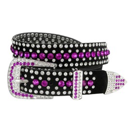 Unisex Crystal Rhinestone Belt Western Fashion Bling Studded Design Suede Leather Belt 1-3/8"(35mm) wide (Purple, 34'' M)