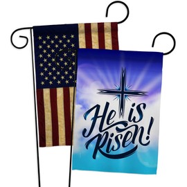 Breeze Decor He is Risen Garden Flag Pack Spring Easter Happy Bunny Egg Christian Season Springtime Holiday Vintage Applique House Decoration Banner Small Yard Gift Double-Sided, Made in USA