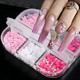 3D Flower Nail Charms, 6 Grids 3D Acrylic Flower Nail Art Charms, White Pink Spring Blossom Nail Accessories with Rhinestones Pearls 3D Flowers for Nails Women Manicure Jewelry DIY Nail Decorations