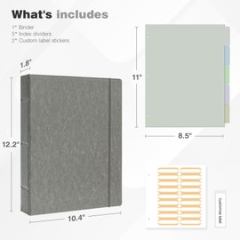 Ospelelf Vintage Hardcover 3 Ring 1 inch Leather Binder, Professional Binders Organizer Suitable for Letter Size Documents, Binder Dividers with Tabs, Faux Gray Leather