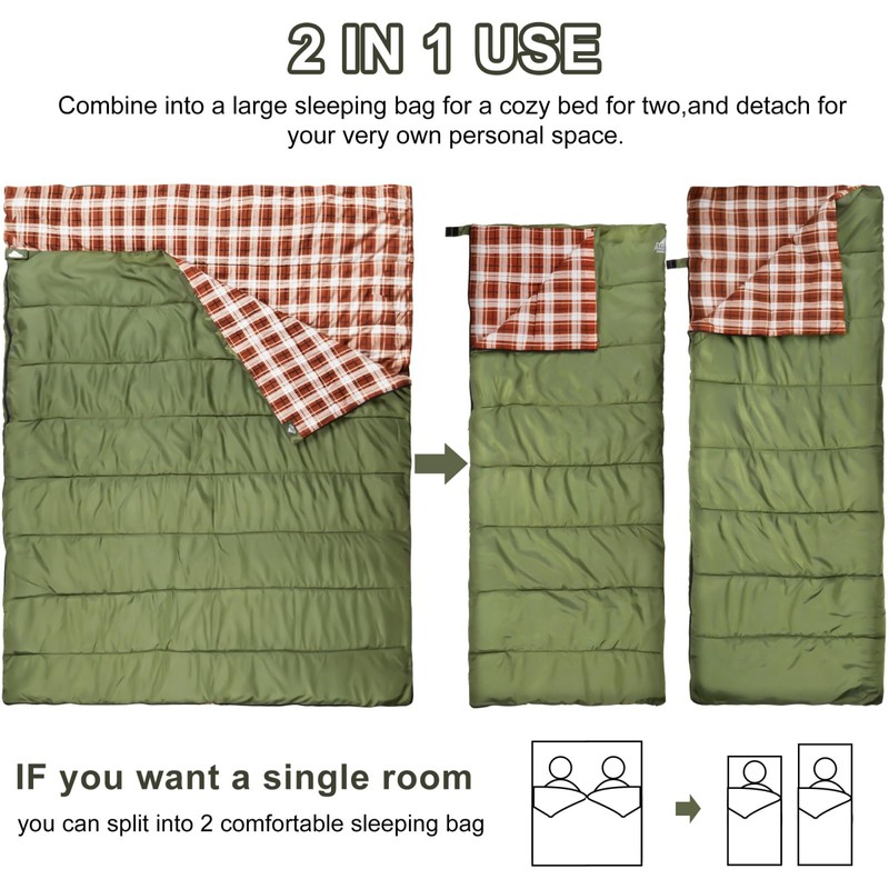 AGEMORE Cotton Flannel Double Sleeping Bag for Camping, Backpacking Or