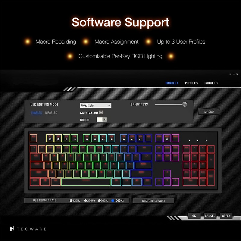 TECWARE Phantom+ 87 Key Mechanical Gaming Keyboard, RGB led, TKL