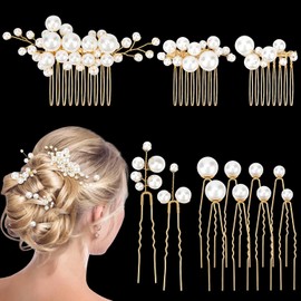 Kiiwah Pack of 13 Wedding Hair Accessories, Pearls Bridal Hair Pins, Gold Bridal Jewellery, Hair U-shaped Wedding Hair Clips for Women and Girls
