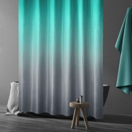 Gibelle Ombre Shower Curtain, Teal Grey Gradient Fabric Shower Curtain, Waffle Weave Textured Bathroom Curtains Shower Set with Hooks, Water Repellent and Machine Washable, 72 x 72