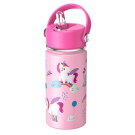 OISIZ Trinkflasche Kinder Edelstahl 420ml Trinkflasche für Kinder mit Trinkhalm thermosflasche kinder solierter wiederverwendbarer Edelstahlbecher Auslaufsichere Wasserflasche Heißes kalt halten 24hr…