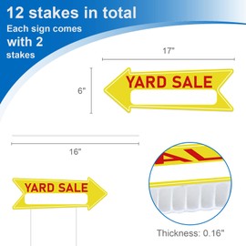 6 Pack Yard Sale Arrow Signs with Stake Double Sided, 17 x 6 Inches Large Yard Sign Corrugated Plastic Lawn Sign for Outdoor Waterproof Yellow