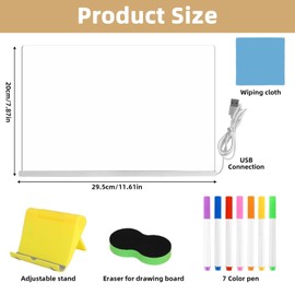 Led Note Board Acrylic Drawing Dry Erase Boards with 7 Color Pen Light up Message Advertising Noteboard Neon Glow Memo Writing Board for Office School Home Store Festival Gift (30x20cm)