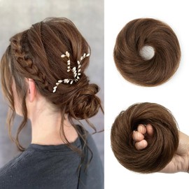 FEIPRO Messy Bun Human Hair Buns Hair Pieces for Women Stretch Scrunchies Hair Bun Piece Secure Low Bun High Ponytail Updo Accessories with Elastic Band Clip-Free Daily Use (16g, s04 Medium Brown)