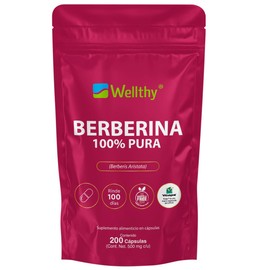 Wellthy Berberina Pura 200 Cápsulas. 100% Berberis Aristata, 500mg c/u, mas de 3 meses de consumo, VCaps Cápsulas Veganas, Bottle Free.
