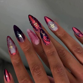 Rilafuvu Red French Tip Press on Nails Long Almond Fake Nails with 3D Design Nails Press ons Stars Acrylic False Nails for Women