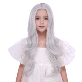 Edivd Sliver Gray Wig for Girls Child Long Slive Grey Wavy Curly Wig Kids Long Middle Part Wigs Heat Resistant Synthetic Wigs with Cap