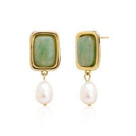 Sonateomber Gold Chunky Pearl Green Dangle Drop Earrings for Women, Vintage Statement Square Aventurine Natural Gemstone Healing Dangling Earings Prom Wedding Accessories Fashion Jewelry Gift
